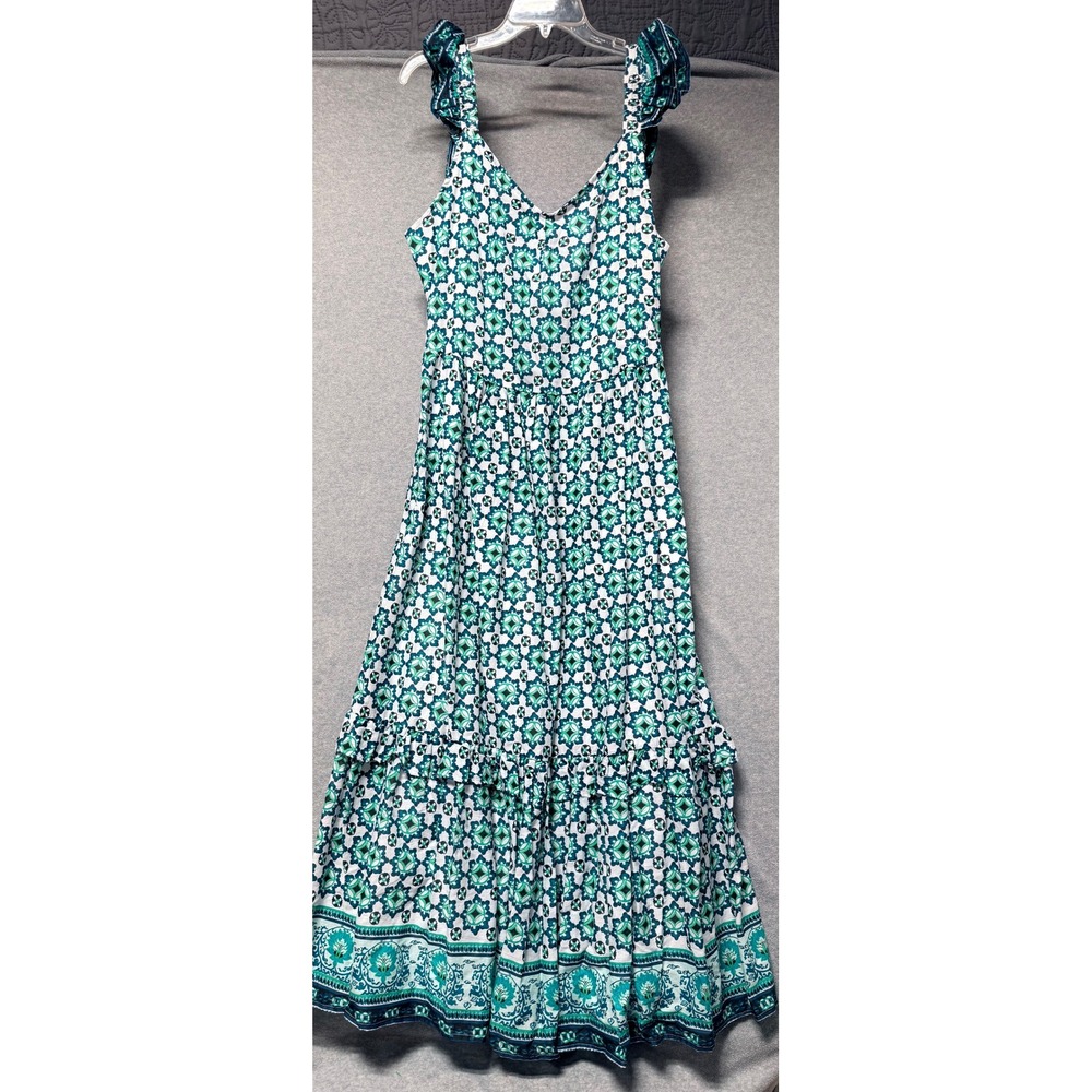 NWT Lucky Brand Womens Teal Blue Geometric Floral Tiered Maxi Dress  L - Picture 13 of 16